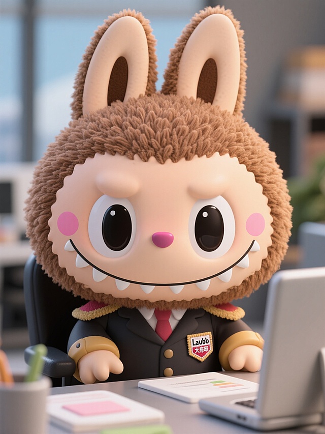 角色（拉布布，大统领，泡泡玛特，卡通风格，拟人化角色，兔子耳朵，棕色毛发，大眼睛，黑色瞳孔，尖牙齿，粉红色脸颊，小布标，3D卡通，毛绒玩偶）。行为：办公室工作