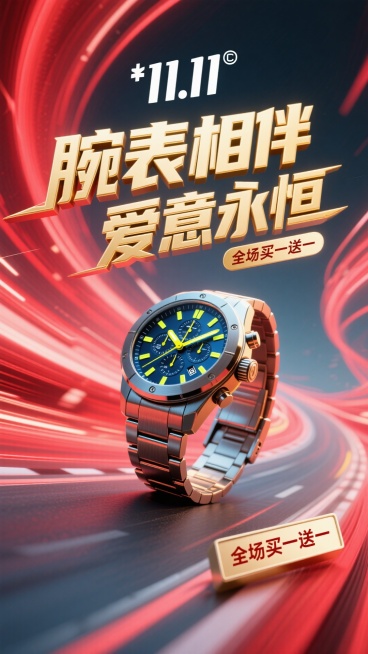 背景是充满动感的亮红色速度线抽象光影，如同赛道上飞驰的轨迹。一款硬朗的机械运动手表以微微倾斜的角度置于画面中心，表盘细节清晰，指针散发着幽蓝或亮黄色的夜光，与红色背景形成强烈撞色。表身周围有金属质感的预览效果