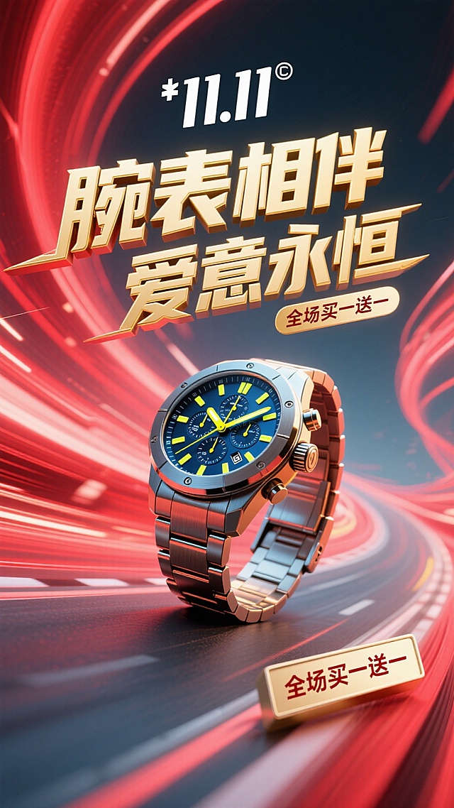 背景是充满动感的亮红色速度线抽象光影，如同赛道上飞驰的轨迹。一款硬朗的机械运动手表以微微倾斜的角度置于画面中心，表盘细节清晰，指针散发着幽蓝或亮黄色的夜光，与红色背景形成强烈撞色。表身周围有金属质感的光效流动，强调速度与力量。
白色的“11.11”logo，巨大亮金色质感的主标题“腕表相伴 爱意永恒”使用 bold 的无衬线粗体，以突破式的布局斜贯画面，充满力量感。副标题“全场买一送一”则以块状标签形式固定在角落，醒目直接。
