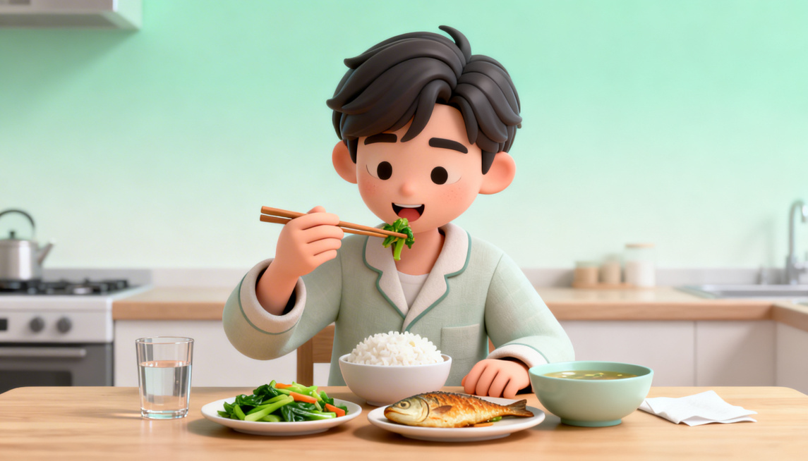 趣味3D插画风格，C4D渲染，OC渲染，Blender建模，柔软光线，马卡龙色系，光滑黏土材质，影棚打光，8k分辨率，午餐时间，一位中性青年穿着居家服，坐在餐桌前，面前摆着一份营养均衡午餐：一小碗米饭预览效果