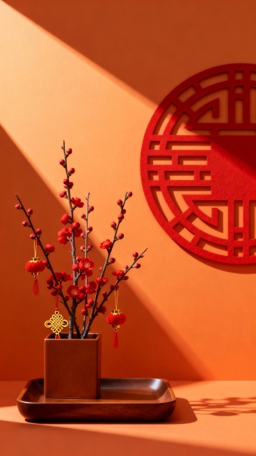 一张具有高级感的静物摄影风格图片，以暖橙色渐变背景为主，光线从左侧斜射形成强烈的几何线条阴影，营造出温馨而富有层次感的氛围。画面左侧前景是一个棕色的哑光方形托盘，托盘上方右侧背景处有一个圆形的红色镂空装饰板，其圆形轮廓和内部线条在橙色背景上投下清晰的阴影。原有的红色花枝被替换为过年相关元素：几枝含苞待放的红色梅花枝，枝干上点缀着小巧的红灯笼挂饰和金色的中国结，梅花的红色与背景的暖橙色形成和谐统……预览效果