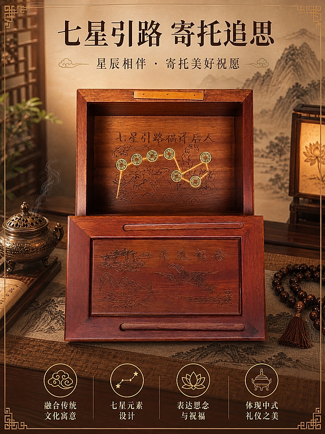 [商品] 使用【图2】古夷苏木实木骨灰盒开盖内部图；保留内部七星引路古钱币、祥云山水雕刻、永远怀念纹饰、天地盖结构，不改变产品结构和颜色。
[画面] 文化寓意展示页，开盖状态产品居中，占画面约60%，俯视角度展示内部七星引路雕刻。背景为中式古典书房场景，水墨山水画、木质格栅、铜制香炉、佛珠营造文化氛围。画面中用暗金色线条勾勒七星引路图案示意。
[视觉] 套系策略：风格=中式传统庄重商业摄影；标题字=宋体粗体；正文字=简洁宋体；主色=暖棕红木色；背景延展=基于暖棕红做深浅层级、同色渐变和木质/宣纸质感；强调色=暗金色，仅用于小面积装饰线条和图标；标题色=深棕黑；正文色=暖棕灰；组件=中式回纹边框、细线引线；光影=顶部暖柔光，突出内部雕刻细节。
[文字] 画面上方横排主标题"七星引路 寄托追思"，副标题"星辰相伴 · 寄托美好祝愿"，下方4个卖点：融合传统文化寓意、七星元素设计、表达思念与祝福、体现中式礼仪之美。文字不遮挡产品内部雕刻。
[规格] 图片比例3:4竖版，2K分辨率，避免变形、错字、文字过小、冷蓝背景、产品颜色改变、结构失真。