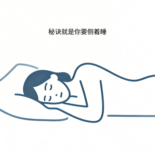 一张简约插画，画面中有一句文字“秘诀就是你要侧着睡”，搭配一个侧躺着睡觉的简约人物造型，风格干净清晰。预览效果