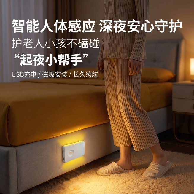基于参考图，生成一张1:1比例的淘宝智能小夜灯营销首图，要求美观引人注意，展示粘贴在床底的人体感应小夜灯暖光效果，卧室温馨场景，适合电商推广预览效果