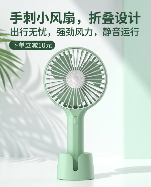 电商商品主图，主体是浅绿色手持折叠小风扇，保留原产品外观，简约清新夏日风格，主图添加文案：“手刺小风扇，折叠设计，出行无忧，强劲风力，静音运行，下单立减10元”，干净简洁的电商背景，突出产品预览效果