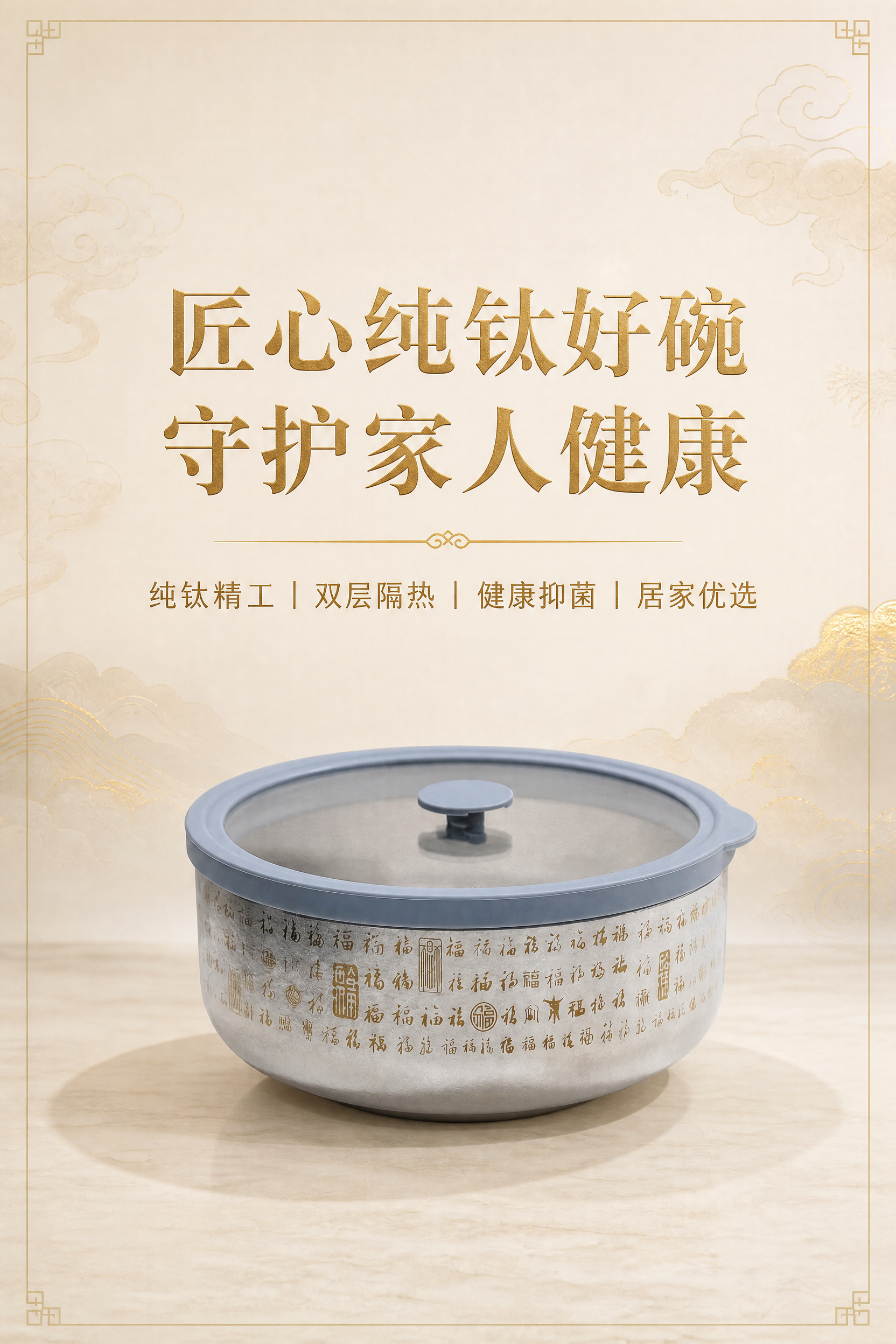 将背景替换为淡鎏金祥云底纹的国潮轻奢场景，四周大面积极简留白，… - 图片创意预览