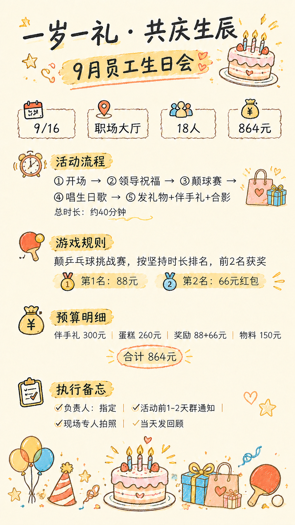 参考图为手绘风格的9月员工生日会海报，米白色奶油底色，黑色手写… - 图片创意预览