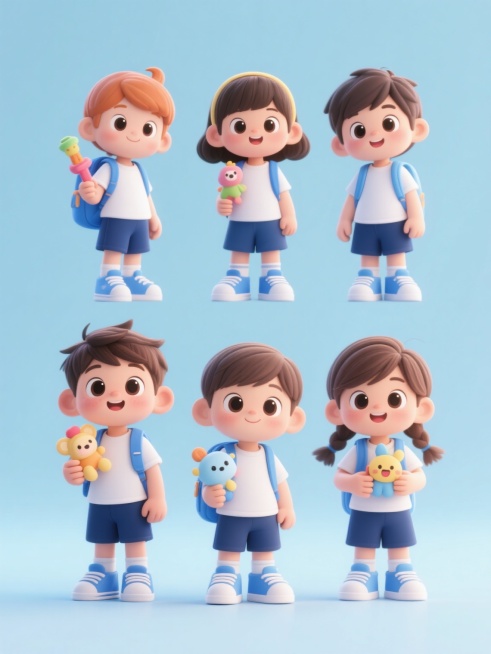 一系列6个完全不同造型、不同性别的可爱卡通儿童集合，每个儿童都穿着风格统一的白色短袖上衣搭配深蓝色短裤、蓝色运动鞋和蓝色背包的舒适服装，手持不同的可爱玩具，保持高清3D渲染的卡通风格，柔和明亮的光线，自然清新的色彩，清晰的细节，纯净的纯色背景，所有儿童规整地排布在画面中，展现出天真烂漫、活泼可爱的氛围，适合用于儿童相关的海报或宣传素材设计，人物形象具有圆润的线条、大大的眼睛和夸张的可爱表情，整……预览效果