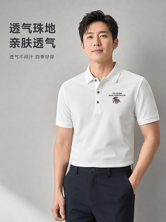 [主图-1] 中青年亚洲模特正面穿搭展示男士刺绣保罗风POLO衫首图。
[氛围风格] 高级松弛感，商务休闲风，简约干净的轻商务场景
[画质] 商业摄影质感，光线柔和通透，产品清晰真实，画面干净高级，超高清。
[元素] 35岁左右亚洲中青年男士模特，身材匀称，妆容精致整洁，模特穿着白色刺绣POLO衫，搭配简约深色西裤，单手自然插袋，站姿舒展不僵硬。保持POLO衫外观颜色、刺绣图案、珠地面料纹理与输入产品图绝对一致，杜绝任何变形和色差，精细化处理。商品主体占比严格控制在70%左右，画面满屏无边框，背景为简约浅灰色肌理墙，整体不抢产品风头。
[光影] 正面柔和散射主光均匀打亮产品和模特，侧方辅助柔光修饰轮廓，阴影过渡自然，突出面料纹理和刺绣细节，整体亮度均匀通透。
[配色] 主色调为POLO衫纯净白色，搭配模特深色西裤，背景浅灰色，整体干净清爽，轻奢质感。
[视角构图] 平视角度，模特胸部以上到膝盖位置中景构图，主体完整清晰，不裁切头部，景深适中突出主体。
[文字版式] 左上负空间左对齐留安全边距，大字主文案「透气珠地 亲肤透气」深灰色粗体无衬线，辅助小字「透气不闷汗 四季好穿」字号缩小一半放在主文案下方，文字不遮挡产品主体，保持可读性。
[比例分辨率] 3:4比例，4K分辨率，文字清晰可辨，超高清。
[负向提示词] 变形，水印，文字错乱，产品图模糊，背景杂乱，人头裁切，姿势僵硬。