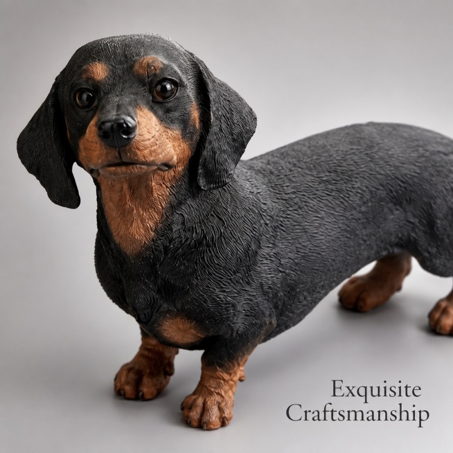 [主图2] Dachshund statue details，局部细节特写展示。保持腊肠犬雕像摆件的外观、物理结构、材质质感、颜色和输入产品图绝对一致，杜绝任何变形和色差，精细化处理。特写放大展示雕像预览效果