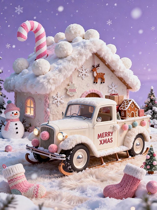 梦幻甜美元素融合，3D微缩艺术风格呈现温馨圣诞场景，毛发生长质感与针织面料细节交织，营造出可爱喜庆的节日氛围。