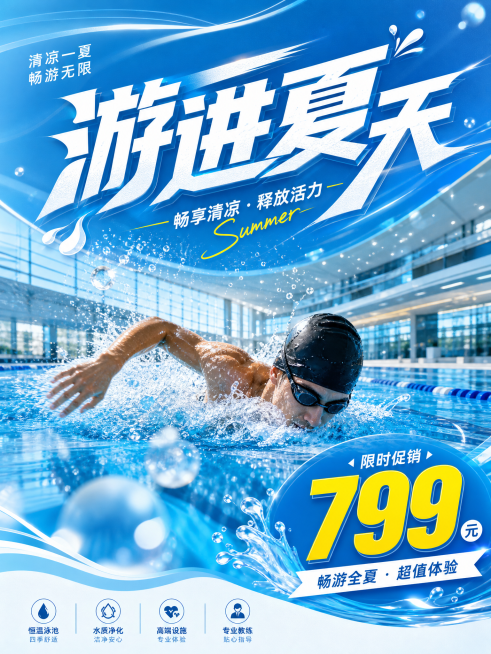 浅蓝色调创意室内游泳馆宣传海报，充满动感和强烈视觉冲击力，标注促销价格799，包含醒目标题文案"游进夏天"，清爽活力夏日推广设计预览效果