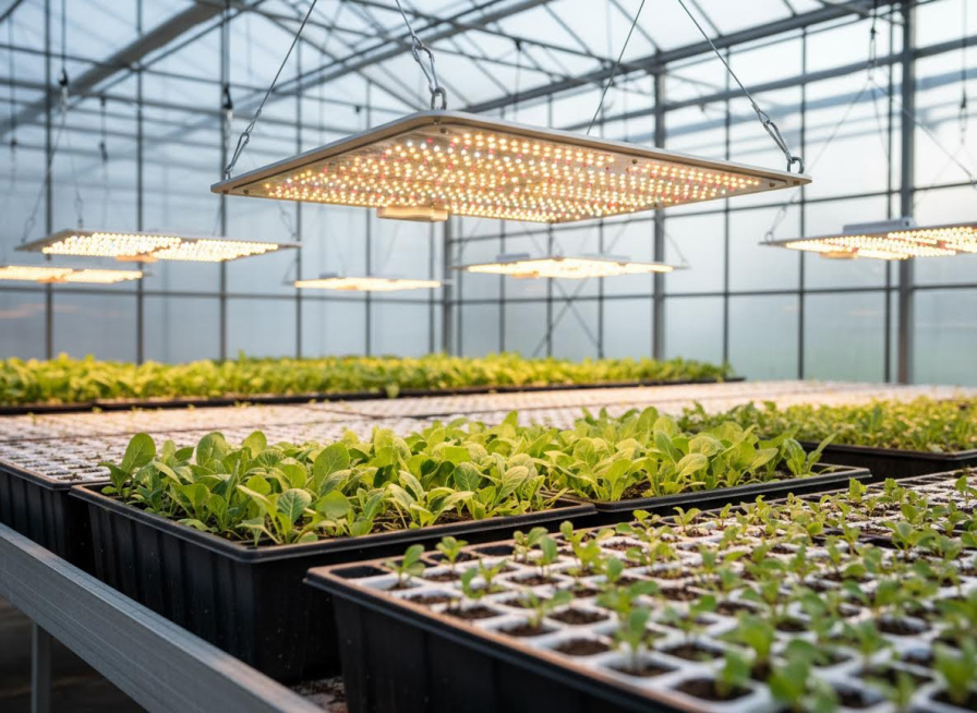 一张现代温室农业的摄影照片，展现了生机勃勃的绿色幼苗在暖黄色灯光下生长的场景。多排嫩绿的各种蔬菜幼苗整齐地种植在黑色容器和白色塑料托盘中。上方悬挂着参考图中全光谱LED生长灯，发出温馨的暖光，照亮了每预览效果