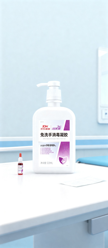 主体为白色按压瓶装免洗手消毒凝胶，保持产品原有物理结构绝对不变，保留瓶身原有Logo和文字信息严禁扭曲变形。放置在干净的白色医用诊疗台桌面上，背景为明亮干净的医院诊疗室，浅淡蓝灰色墙面，拉开景深。商业预览效果