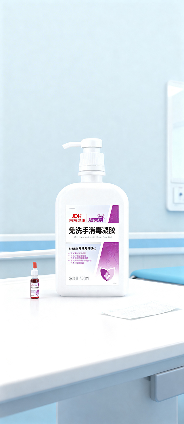 主体为白色按压瓶装免洗手消毒凝胶，保持产品原有物理结构绝对不变，保留瓶身原有Logo和文字信息严禁扭曲变形。放置在干净的白色医用诊疗台桌面上，背景为明亮干净的医院诊疗室，浅淡蓝灰色墙面，拉开景深。商业漫射柔光，整体画面明亮干净，低对比度，阴影极淡柔和。居中三分法构图，平视拍摄。点缀一小瓶医用碘伏和一片干净的医用纱布，打破单调。商业级高清摄影，4K超清，画面干净通透，保持医用干净整洁的风格。