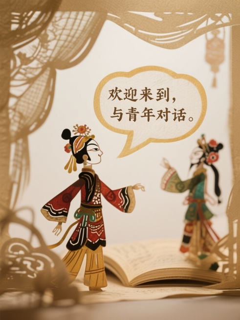 将“欢迎来到，与青年对话”置于一个柔和色调的对话气泡中，背景是淡淡的纸张纹理或隐约的书本轮廓，强调“对话”与“书写”的双重意象。预览效果