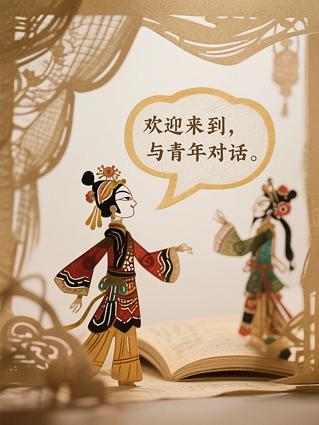 将“欢迎来到，与青年对话”置于一个柔和色调的对话气泡中，背景是淡淡的纸张纹理或隐约的书本轮廓，强调“对话”与“书写”的双重意象。