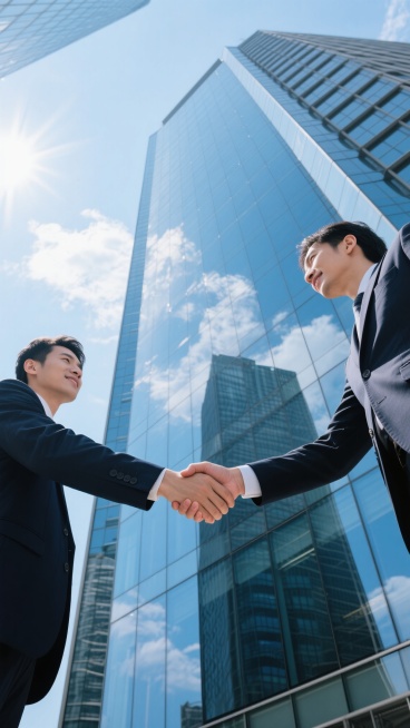 低角度特写镜头，两位身着不同款式深色西装的商务人士在现代化玻璃幕墙摩天大楼前以非传统握手姿势紧握，凸显高楼宏伟与姿态独特，玻璃幕墙清晰反射湛蓝天空与建筑结构，阳光透过云层柔和洒落，营造专业信任且充满希望氛围，无文字无logo无水印预览效果