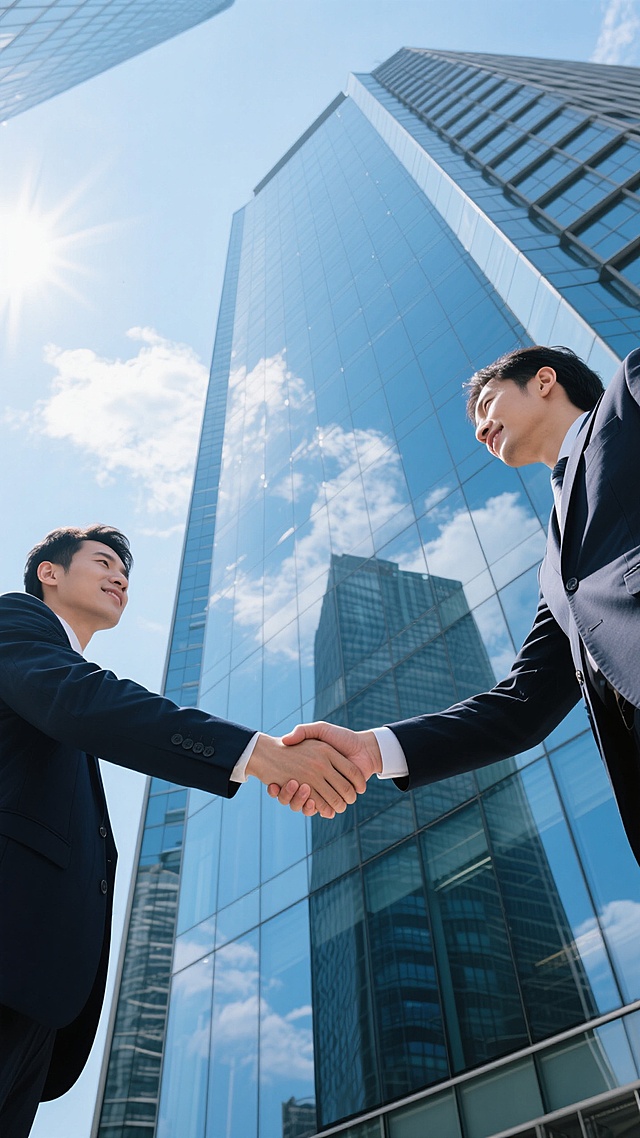 低角度特写镜头，两位身着不同款式深色西装的商务人士在现代化玻璃幕墙摩天大楼前以非传统握手姿势紧握，凸显高楼宏伟与姿态独特，玻璃幕墙清晰反射湛蓝天空与建筑结构，阳光透过云层柔和洒落，营造专业信任且充满希望氛围，无文字无logo无水印
