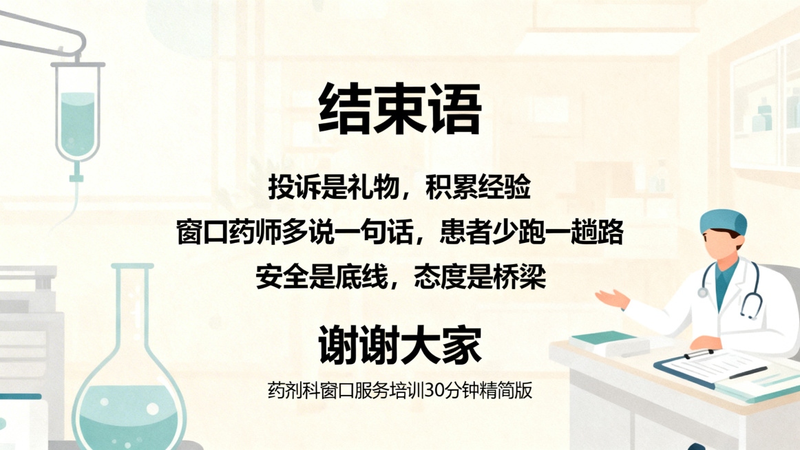 医疗机构药剂科窗口服务培训PPT结束语页，大标题结束语，保留核心三句话：1投诉是礼物，积累经验；2窗口药师多说一句话，患者少跑一趟路；3安全是底线，态度是桥梁。结尾谢谢大家，落款药剂科窗口服务培训30预览效果