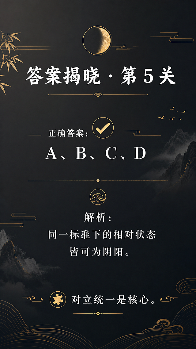 深灰渐变背景，白色字体搭配金色点缀，竖版海报，国风简约设计，标题：🌖 答案揭晓 · 第 5 关，正文：正确答案：✅ A、B、C、D 解析：同一标准下的相对状态皆可为阴阳。，底部引导：🧩 对立统一是核心。