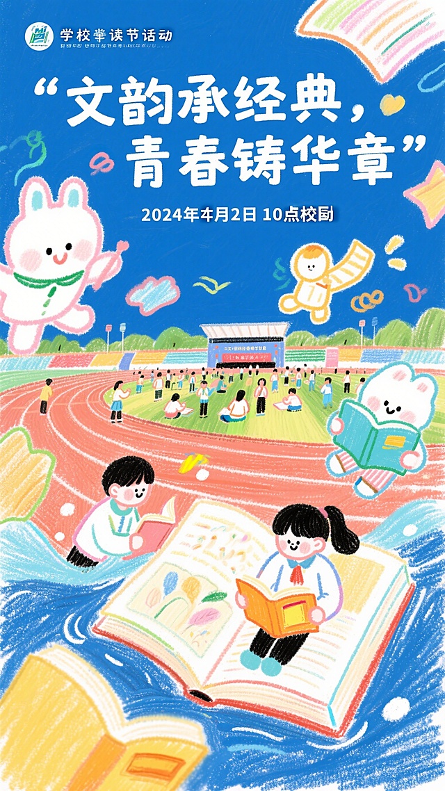 学校读书节活动，主题为“文韵承经典，青春铸华章”，活动信息是2025年4月22日10点在校田径场举办，画面展示学生在书中遨游，享受知识的海洋，梦幻风格，超高清画质