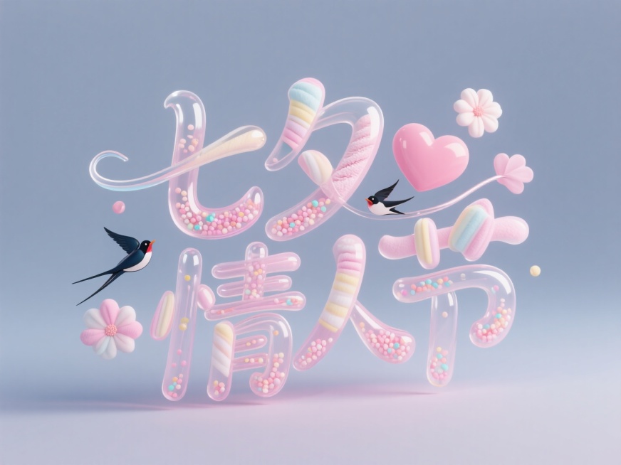立体泡泡字体，字体:"七夕情人节"，3D立体字，软边缘，字体采用粉彩棉花糖材质表面覆水光膜，字体透明，字体里面填充跳跳糖颗粒，UE5渲染，完美细节，获奖作品，干净纯色背景，融合爱心、喜鹊、花朵等元素预览效果