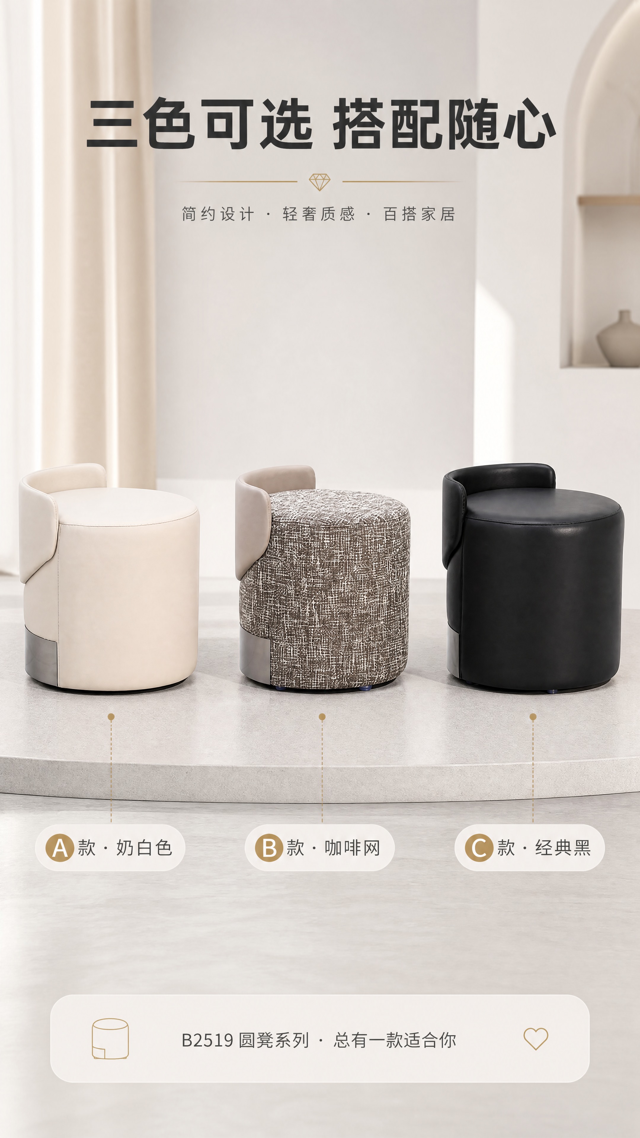 [商品] 使用【图1】中三款圆凳（A白/B咖啡网/C黑）；保留… - 图片创意预览