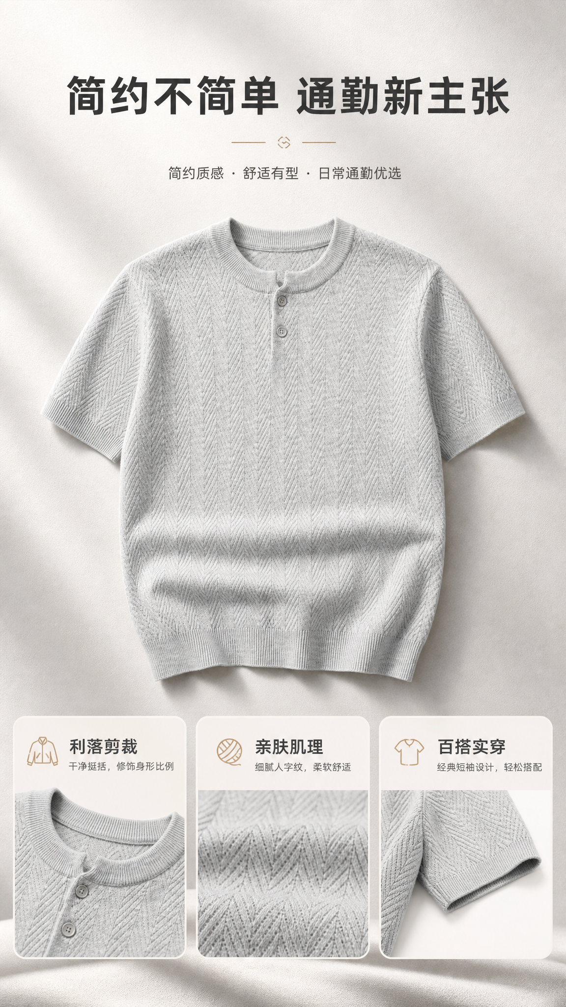 [商品] 使用【图1】浅灰色亨利领针织短袖T恤；商品处理：保留… - 图片创意预览