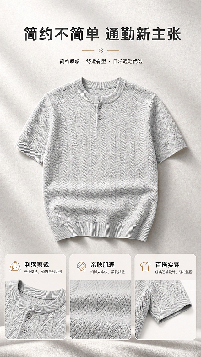 [商品] 使用【图1】浅灰色亨利领针织短袖T恤；商品处理：保留亨利领两粒扣、人字纹针织肌理、短袖、罗纹下摆、浅灰色调与整体版型；自然去皱，理顺垂坠，增强针织纹理质感，不改变版型和结构。
[画面] 目标：设计理念页，诠释简约通勤风格主张。构图：上方居中主标题，下方横向排列3个风格关键词卡片，每张卡片配服装局部特写（领口、纹理、袖口）。背景为浅灰米调渐变，叠加细腻织物纹理，底部有柔和投影。主体服装局部占画面约50%，信息卡均匀分布。
[视觉] 套系策略：风格=轻熟通勤高级商业摄影；标题字=现代无衬线粗体；正文字=简洁无衬线体；主色=浅灰米调；背景延展=基于浅灰米做深浅层级、同色渐变和细腻纸张/织物质感；强调色=暖驼色，仅用于小面积图标、引线和标签；标题色=深炭灰；正文色=中暖灰；组件=圆角浅底信息卡、细线引线；光影=左前侧暖柔光。
[文字] 顶部主标题「简约不简单 通勤新主张」，下方3张卡片分别为：「利落剪裁」「亲肤肌理」「百搭实穿」，每张卡片配1行短句说明。所有文字横排，层级清晰。
[规格] 图片比例9:16竖版，分辨率2K，避免变形、错字、文字过小、冷蓝背景、衣服颜色改变、版型失真、极限词。