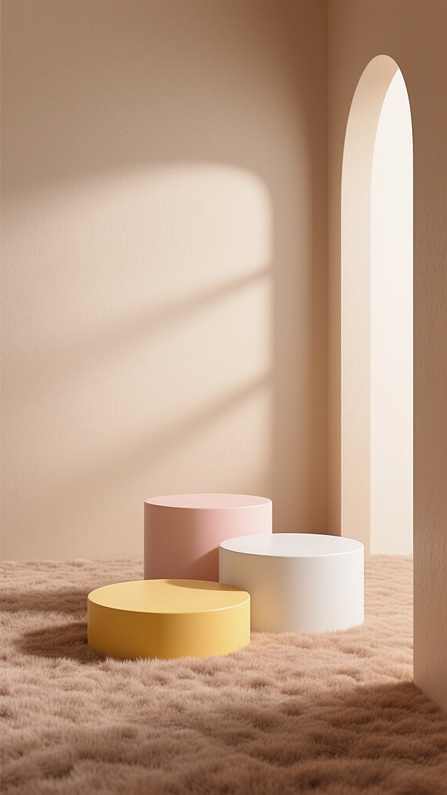 3D渲染风格的极简主义背景，主色调为温暖的米色和浅棕色，柔和的侧光从右侧拱形门洞照射进来，在背景墙上形成渐变的光影效果，地面覆盖着质感细腻的浅棕色毛绒材质，前景中摆放着三个不同高度和颜色的圆形展台——底部是矮胖的黄色展台，中间是稍高的白色展台，后方是最高的浅粉色展台，所有展台均为光滑的哑光表面，整体画面营造出温馨、宁静且具有层次感的氛围。