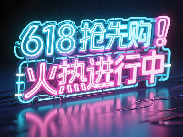 霓虹灯字体设计，文案“618抢先购 火热进行中”，灯光，线路