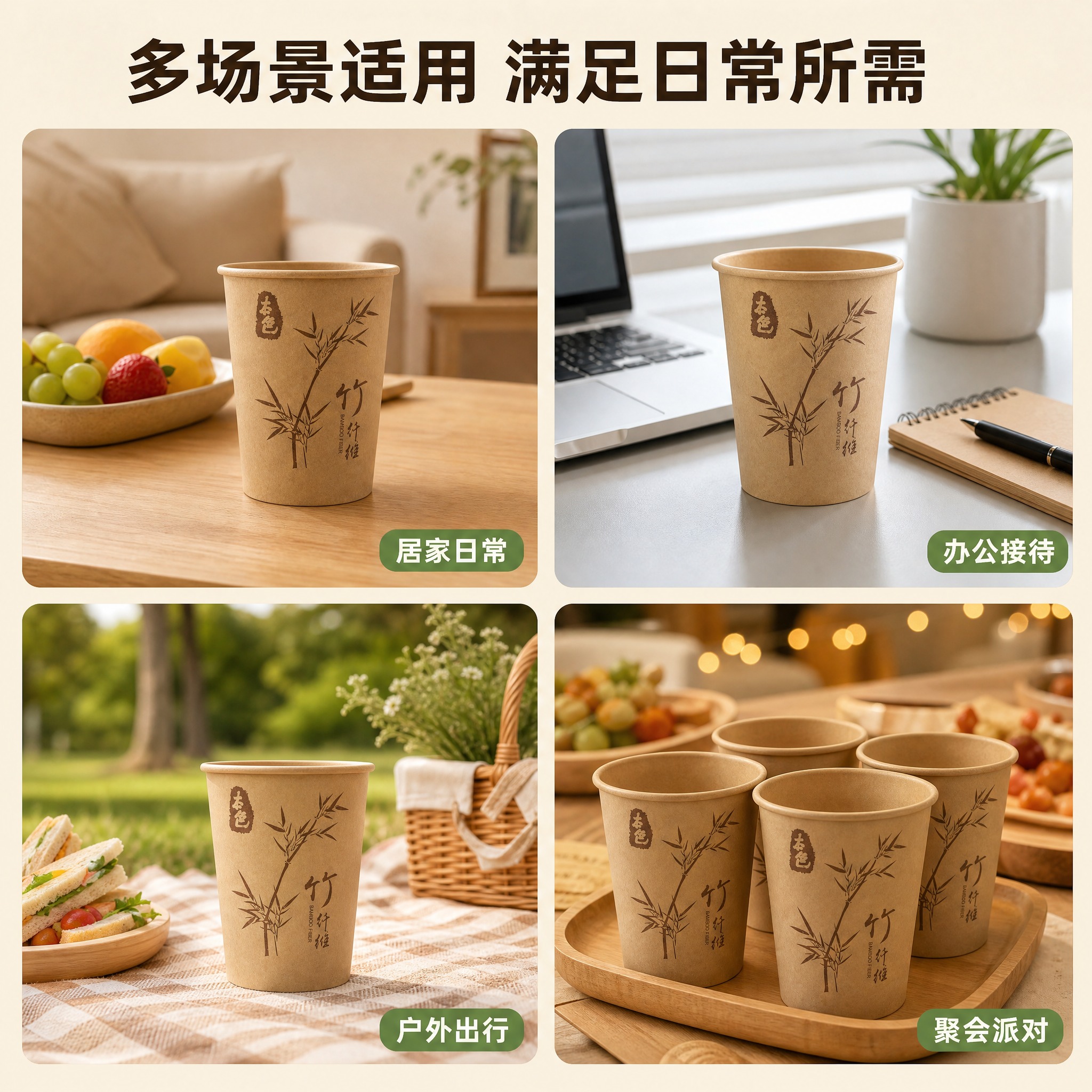 [主图-4] 多场景适用图，展示纸杯在家居、办公、聚会等多场景… - 图片创意预览