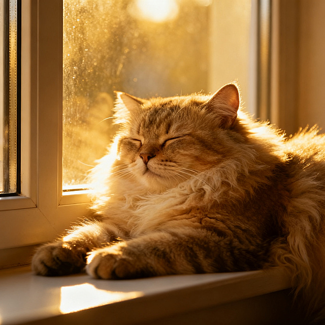 一只可爱的猫咪，在阳光照射的窗台上，慵懒地打着盹，毛发蓬松柔软，画面温馨治愈，高清写实风格
