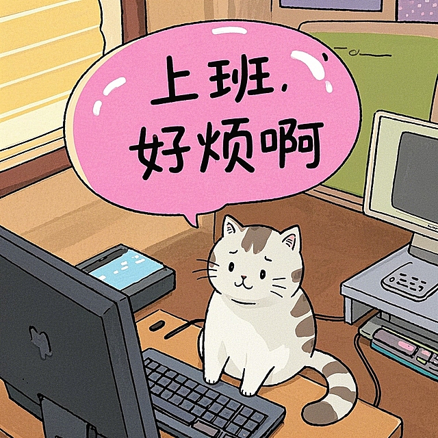卡通风格插画，拟人化猫咪坐在电脑前，萌趣表达上班烦恼，粉色对话框增添可爱感，轻松幽默传递日常情绪。