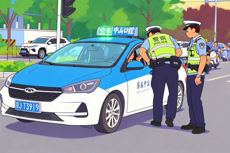将图片改为二维动漫风格，保留原有构图和交警人物、出租车形象，将整体转换成干净清晰的二维卡通动画风格预览效果