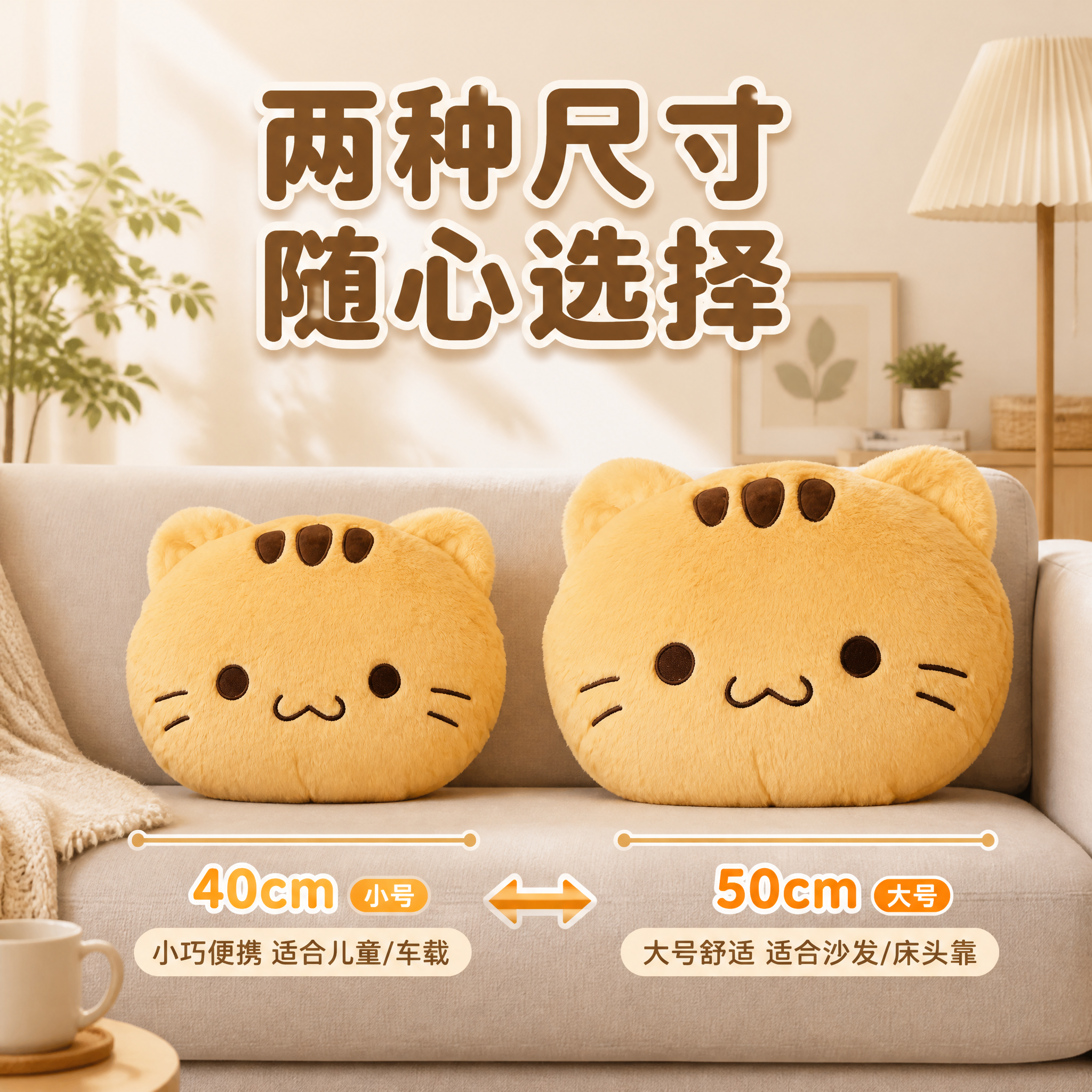 [主图-5] 黄猫头抱枕 40cm与50cm双尺寸对比图 规格… - 图片创意预览