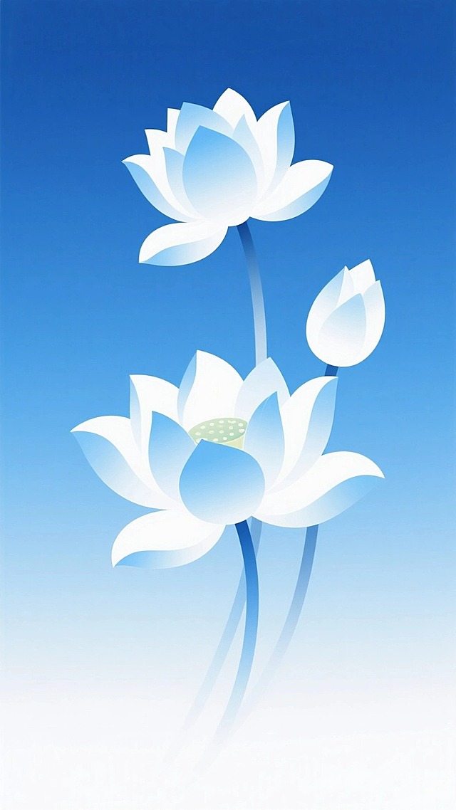 一组空灵唯美的荷花特写，整体呈现蓝白渐变色，撞色