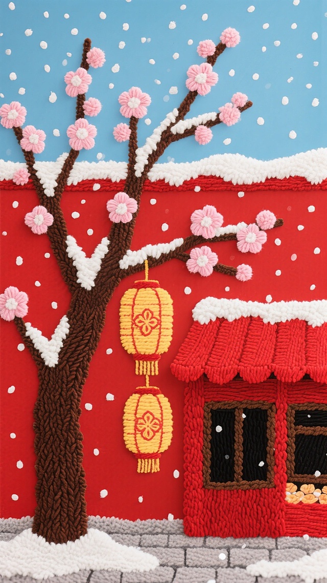 刺绣风国潮插画，融合中式元素与卡通质感，红墙雪景中梅花绽放，灯笼高挂，重拟物手法呈现喜庆春节氛围。