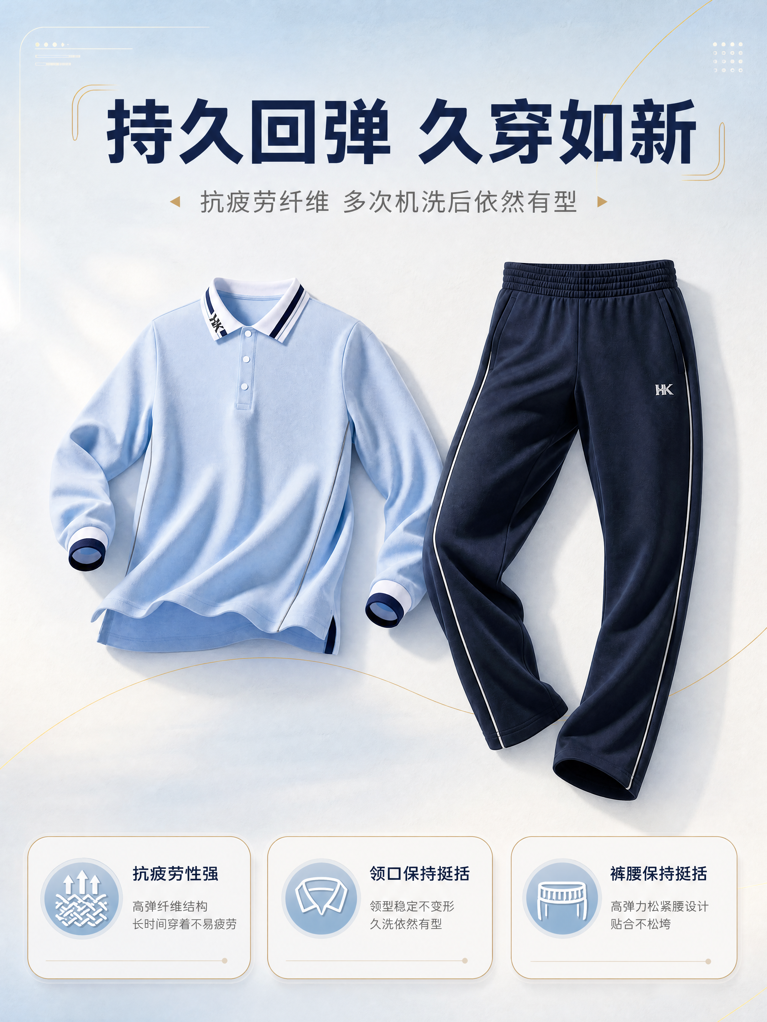 为浅蓝长袖Polo衫+藏青长裤校服套装生成一张电商详情页。 画… - 图片创意预览