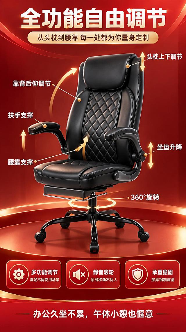 图生图模式：第1张为详情页版式参考，第2-5张为产品素材（黑色菱形绗缝皮质老板椅，保持椅子外观、颜色、材质、结构完全一致）。生成红色调双十一详情页第2页「全功能自由调节」，9:16竖版。

画面结构：
- 顶部标题区：红色渐变底，白色粗体大字「全功能自由调节」+金色小字「从头枕到腰靠 每一处都为你量身定制」
- 中央：黑色皮质老板椅3/4侧视大图，用金色弧线箭头与白色标签标注六处功能：
  - 指向头枕：「头枕上下调节」
  - 指向椅背：「靠背后仰调节」
  - 指向坐垫侧：「坐垫升降」
  - 指向扶手：「扶手支撑」
  - 指向腰靠：「腰靠支撑」
  - 底部旋转箭头：「360°旋转」
- 下方：红色圆角标签三枚横排：「多功能调节」「静音滚轮」「承重稳固」
- 底部红条：白色小字「办公久坐不累，午休小悲也惬意」

整体要求：字体为「阿里巴巴普惠体」风格（现代无衬线黑体、字形方正、笔画均匀），文字清晰无错别字无乱码，无任何水印。
