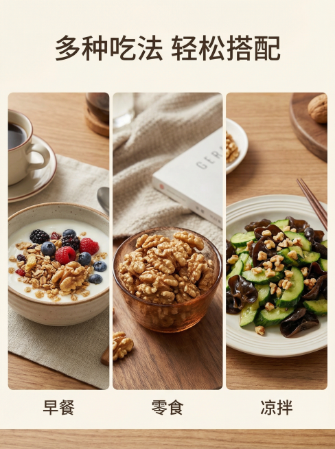[详情页5 食用场景] 多种食用方式展示
[氛围风格] 生活化温馨场景，真实自然
[画面元素] 分块展示三种吃法：第一块早餐搭配酸奶碗，放了核桃仁；第二块作为零食直接装在小碗里；第三块拌在凉菜里，每块预览效果