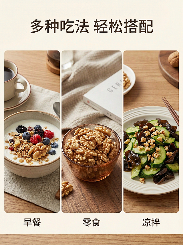 [详情页5 食用场景] 多种食用方式展示
[氛围风格] 生活化温馨场景，真实自然
[画面元素] 分块展示三种吃法：第一块早餐搭配酸奶碗，放了核桃仁；第二块作为零食直接装在小碗里；第三块拌在凉菜里，每块场景都清晰展示核桃仁搭配效果，整体光线自然温馨，贴近日常饮食
[配色色系] 暖调生活化色彩，食物原本自然色泽
[文字版式] 顶部大标题 "多种吃法 轻松搭配"，每个场景标注 "早餐/零食/凉拌"，文字清晰排版整齐
[比例分辨率] 3:4 比例，2k 分辨率，文字清晰可辨，超高清
[负向提示词] 变形，水印，文字错乱，场景拥挤，色彩怪异