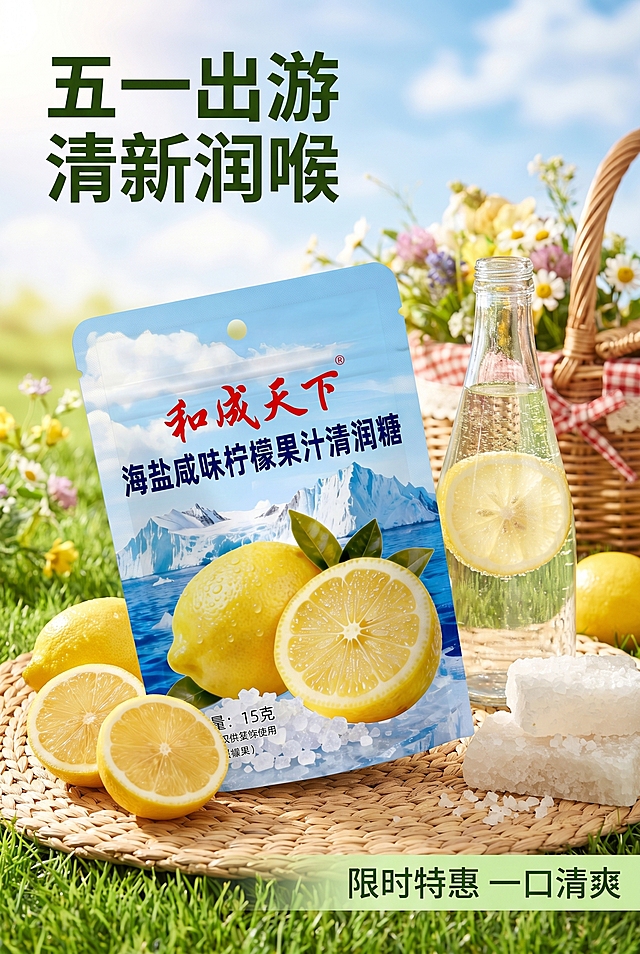 [主图 2] 五一劳动节主题海盐柠檬糖促销海报第二张
[氛围风格] 清新自然野餐风格，食欲感强，节日轻松氛围
[画质] 商业摄影质感、光线柔和通透、产品清晰真实、画面干净高级，超高清
[元素] 产品包装袋斜放在清新户外野餐垫上，旁边搭配切开的新鲜柠檬、玻璃瓶柠檬水和天然海盐块，背景是五一户外蓝天白云青草地，营造出行游玩场景。保持产品包装袋外观、颜色、文字信息与输入产品图绝对一致，杜绝任何变形和色差，精细化处理。商品主体占比严格控制在 70% 左右，画面满屏无边框
[光影] 春日户外自然柔光，逆光突出柠檬通透感，整体光线明亮轻松，阴影柔和，空气感通透
[配色] 主色调草地绿色+天空蓝色+柠檬黄色，自然清新，和五一户外主题呼应
[视角构图] 略微俯视野餐场景构图，主体产品突出，场景层次丰富自然
[文字版式] 左上角放置标题 "五一出游 清新润喉" 深绿色粗体字；右下角负空间放置促销信息 "限时特惠 一口清爽" 白色字体配浅绿半透明底，文字不遮挡产品包装主体，安全边距充足
[比例分辨率] 2:3 比例，2k 分辨率，文字清晰可辨，超高清
[负向提示词] 变形，水印，文字错乱，产品图模糊，背景杂乱，文字遮挡主体