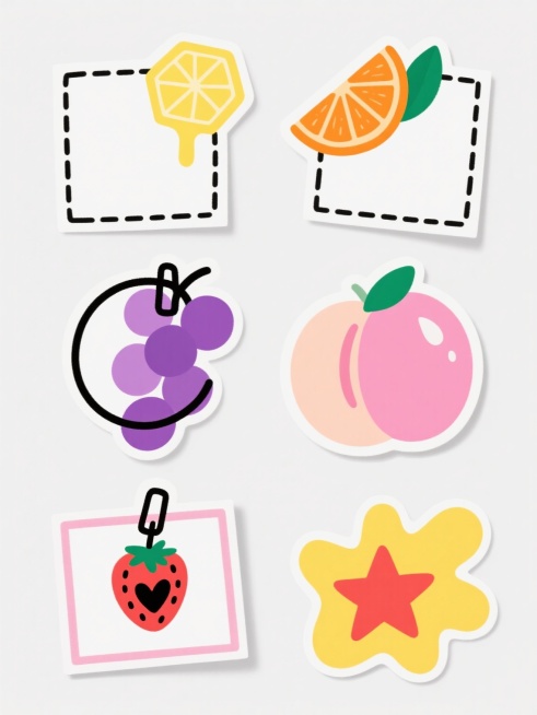 极简手绘风格的便利贴设计，以纯白色为背景，六个不同形状的便利贴整齐排列。每个便利贴都有黑色虚线或实线轮廓，内部为空白区域，边缘装饰着不同的水果元素：左上角是柠檬和黄色六边形蜂蜜块，右上角是橙子切片和绿色叶子，左下角是悬挂的草莓和红色标贴加黑色心形图案，右下角是黄色抽象图案和红色五角星，中部左侧是紫色葡萄和黑色环形装订，中部右侧是粉色桃子和水滴状装饰。整体色彩明快，以黄色、橙色、粉色、紫色等鲜亮……预览效果