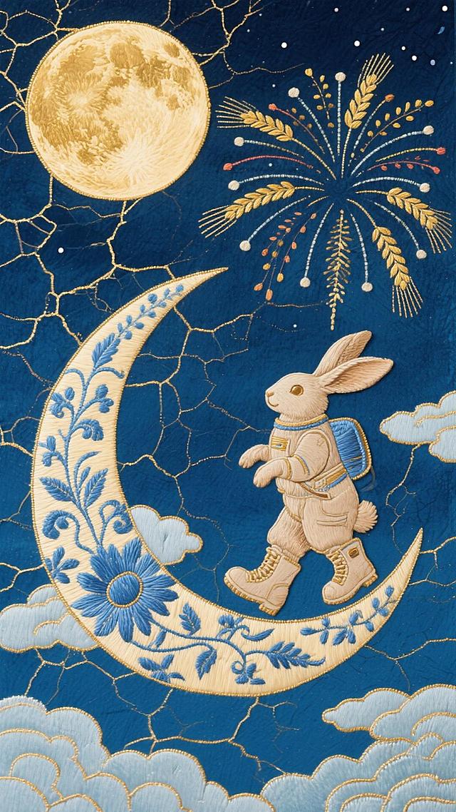 刺绣风融合浮世绘元素，拟人化宇航兔踏月而行，梦幻与趣味交织，中秋佳节氛围浓郁。