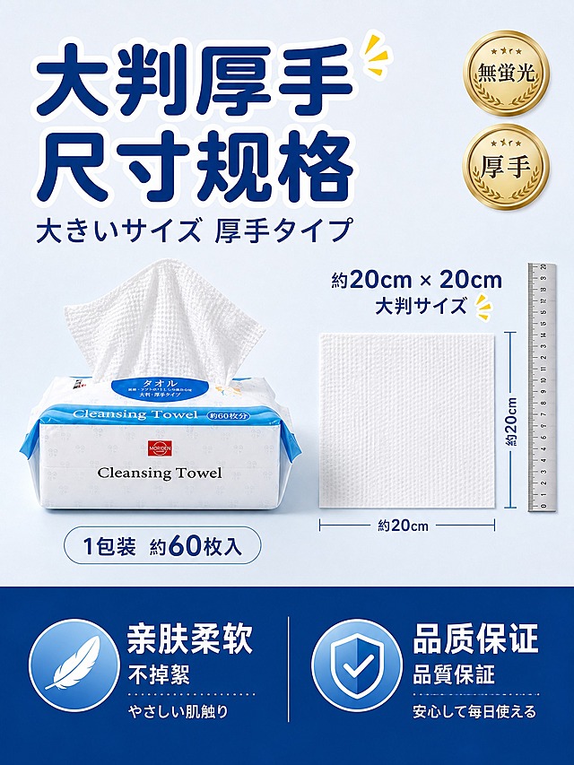 [3:4主图-5] 规格品质。森伝洗脸巾尺寸规格+品质保证竖版主图，中日文混合。
[商品] 使用产品图，MORIDEN森伝抽取式洗脸巾，顶部抽出蓬松珍珠纹洗脸巾；保留包装外观文字颜色结构比例。
[画面] 画面上半部分：左侧产品包正面，右侧一张展开平铺的洗脸巾，旁边放尺子标注约20×20cm尺寸。画面下半部分：深蓝通栏品质信息区。背景浅灰蓝纯净色。右上角两个金色品质徽章。
[视觉] 套系策略：风格=日系杂志风爆款主图，明亮洁净高级感；标题字=粗体圆润无衬线大字，中日文混排；正文字=简洁无衬线体；主色=洁净白+清透蓝；背景延展=浅灰蓝渐变；强调色=金色+红色；标题色=深蓝色；正文色=深灰色+白色；组件=金色徽章、尺子标注、深蓝通栏；光影=均匀棚拍光。
[文字] 顶部大标题"大判厚手 尺寸规格"+日文"大きいサイズ 厚手タイプ"；右侧标注"約20cm×20cm 大判サイズ"；产品下方"1包装 約60枚入"；底部深蓝通栏左"亲肤柔软 不掉絮 やさしい肌触り"，右"品质保证 品質保証"；右上角徽章"無蛍光""厚手"。
[规格] 比例3:4竖版，宽1536高2048，2K。负向：禁止变形、错字、模糊、水印、平台Logo、虚构认证。