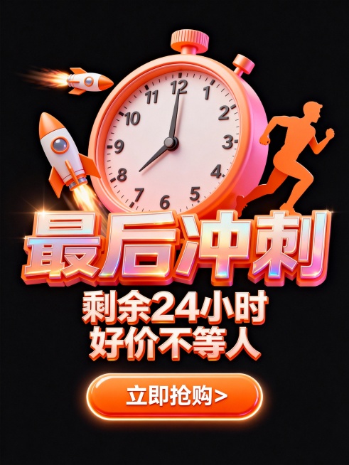 主色调为橙粉渐变，画面中心是奔跑的时钟，时钟指针指向 “12:12”，周围有火箭和冲刺的人物剪影。前景立体标题字 “最后冲刺”，副标题 “剩余 24 小时 好价不等人”；底部橙色按钮文字 “立即抢购预览效果