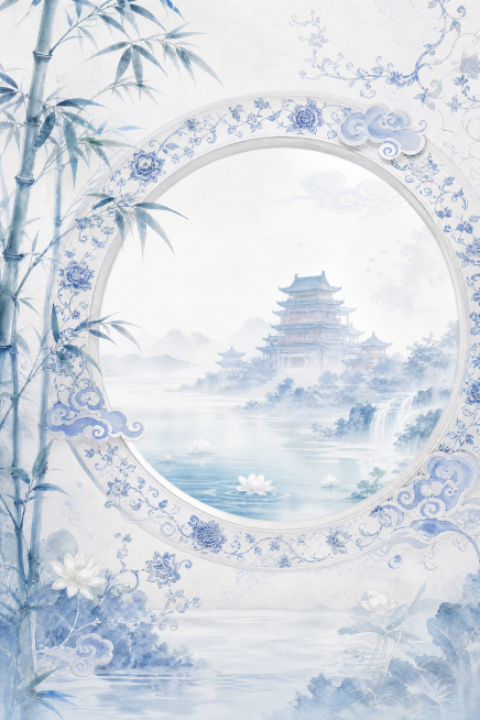 中式人物展板背景图，柔和低饱和度青蓝白主色调，和Q版少女IP服饰青花配色统一，整体淡雅水墨国风，画面中心圆形镂空月洞窗边框，环绕井冈翠竹、青花瓷纹缠枝纹样；窗内远景朦胧滕王阁楼阁、鄱阳湖水波纹云雾流水预览效果