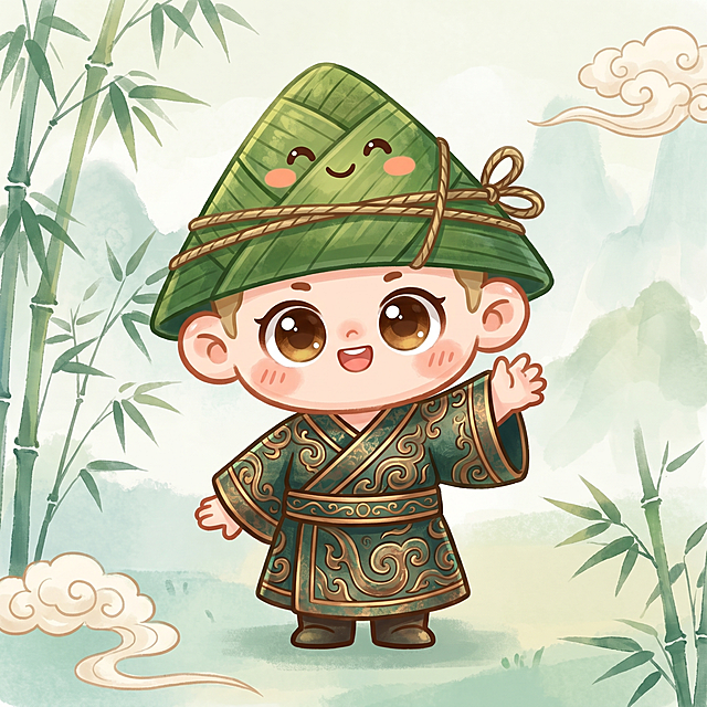 参考图三的IP人物整体造型，结合图四的人物身体和脸部结构，衣服造型采用图一文物青铜器的卷云回纹等花纹作为服饰纹样，头部帽子参考图二的粽子三角造型设计，人物表情开心，去掉眼泪，创作一个Q版卡通IP人物形象，整体风格可爱治愈，国风元素结合